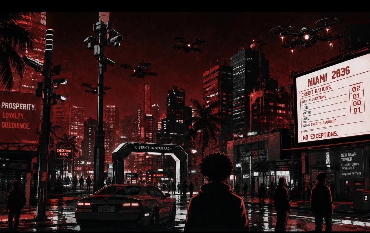 Blood Brothers concept artwork: a crimson surveillance district in Miami, 2036